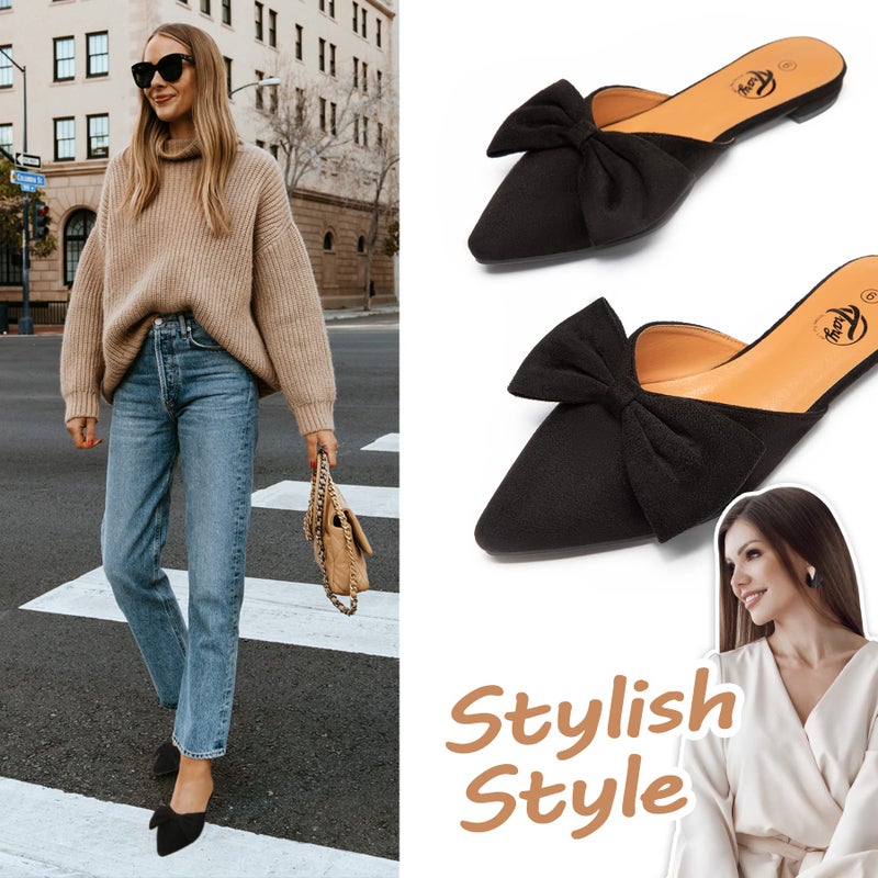 Trary Mule Bow Pointed Toe Backless Loafer Shoes for women Black Suede 11 - Image 5